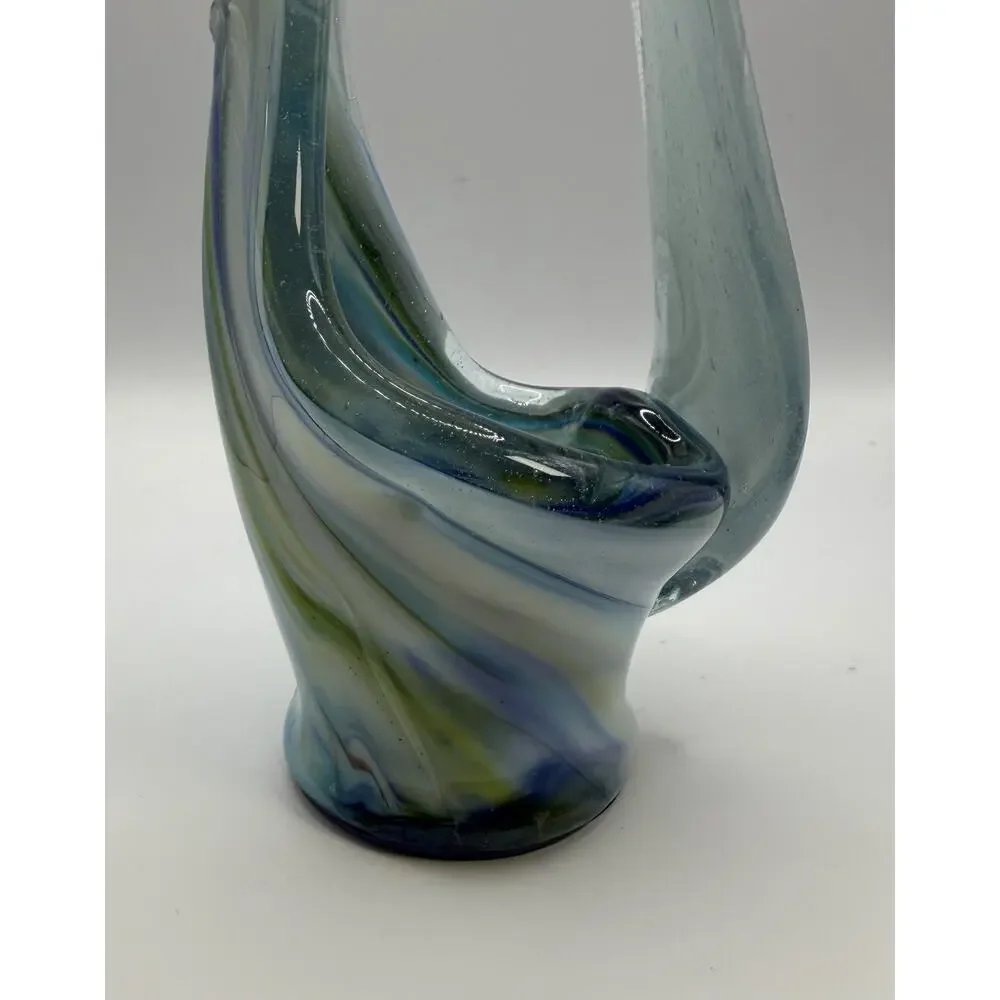 Vintage Hand Blown Art Glass Swan Vase Blue Slag Swirl MCM 10.5”